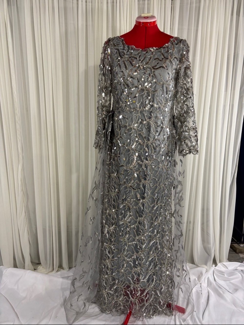 Silver Beaded Evening Gown - Elegant Long Sleeve Dress
